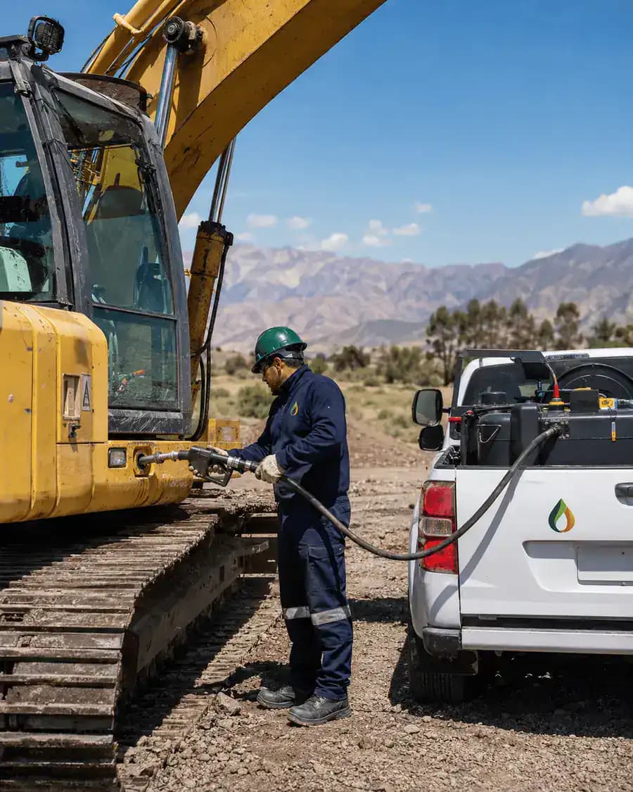 Trabajador de Fenice SPA abasteciendo de combustible una excavadora en faena